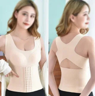 Beige sleeveless body shaper worn under clothing, with shaping front panels