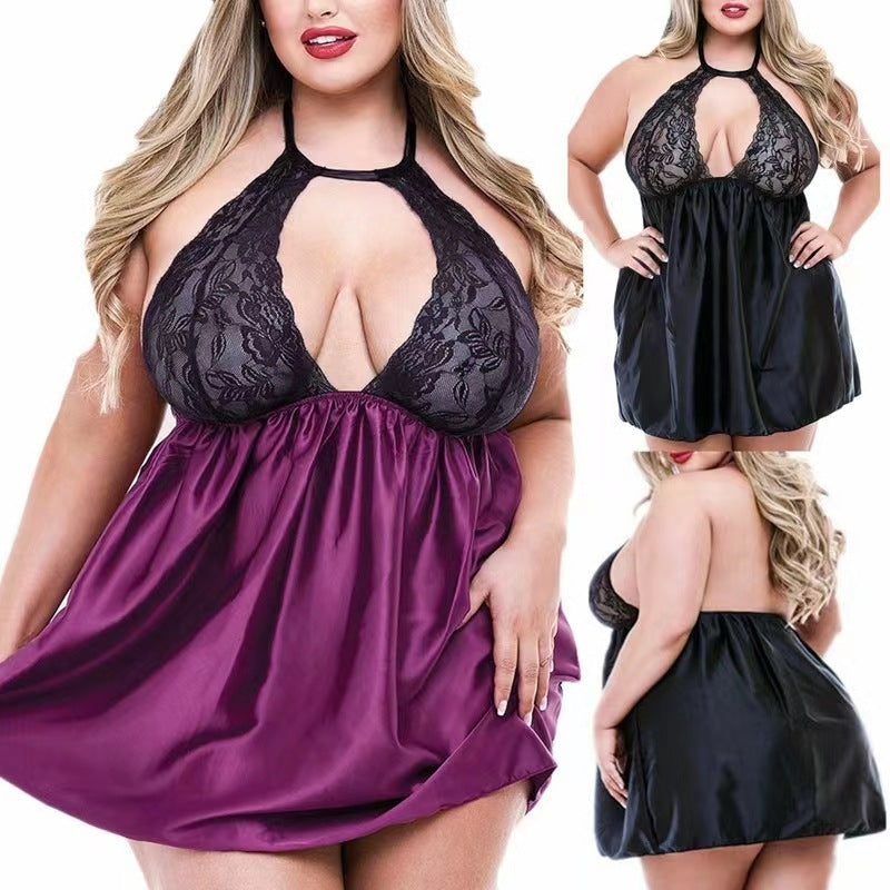Plump Lingerie Sexy large Lady Lace Nightgown Sheer Cutout Home Pajamas