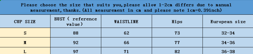 Bikini size chart with cup size S/M/L and bust, waist, hip measurements