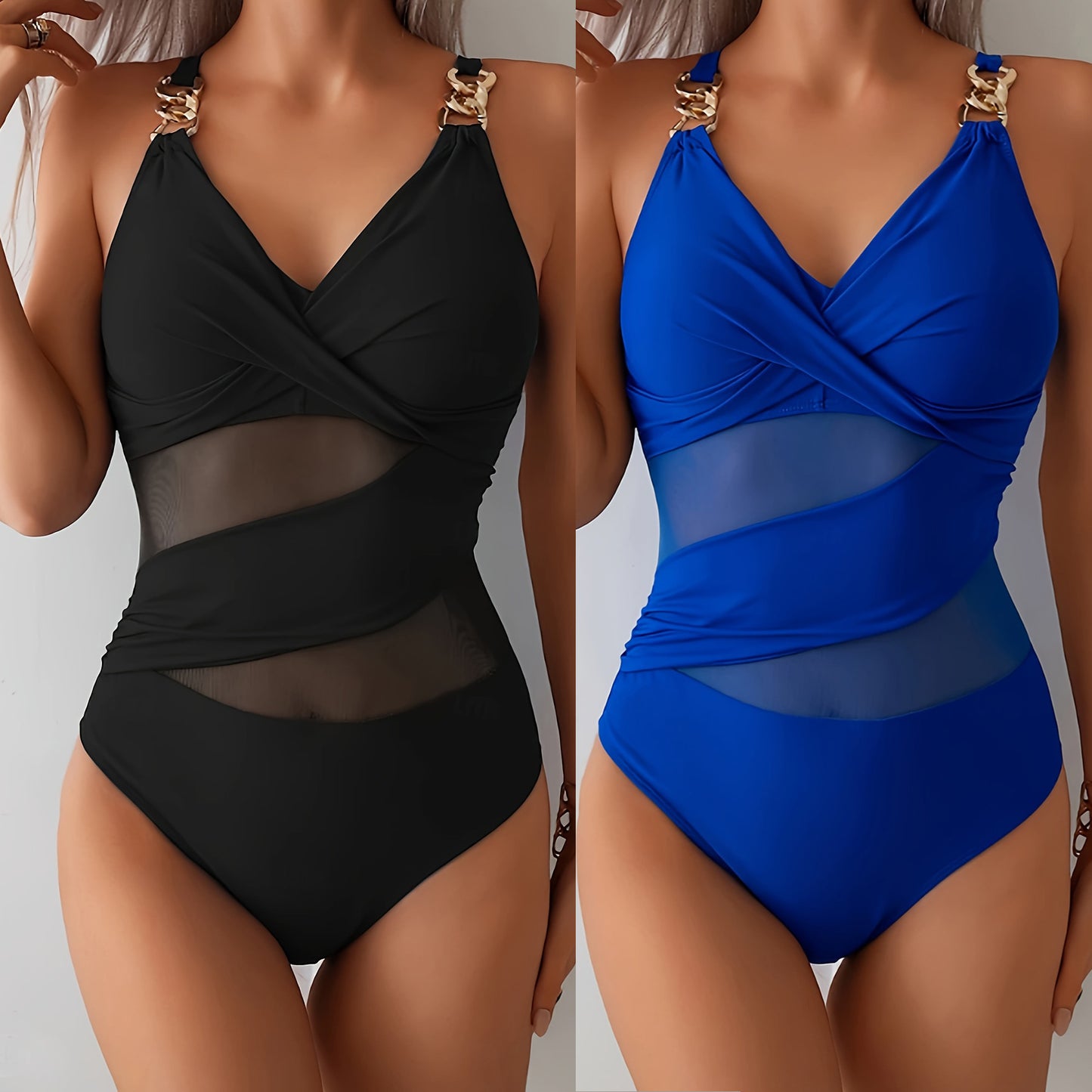 Hollow-out one-piece bikini swimsuit, black and blue V-neck with sheer midsection