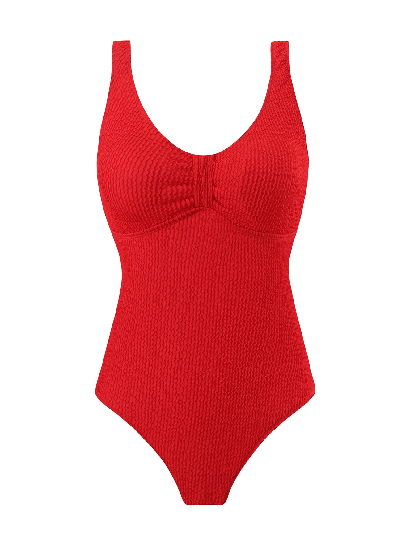 Einteiliger Badeanzug mit Bauchkontrolle, Bright Red, tiefer Ausschnitt, zentrale Naht vorne