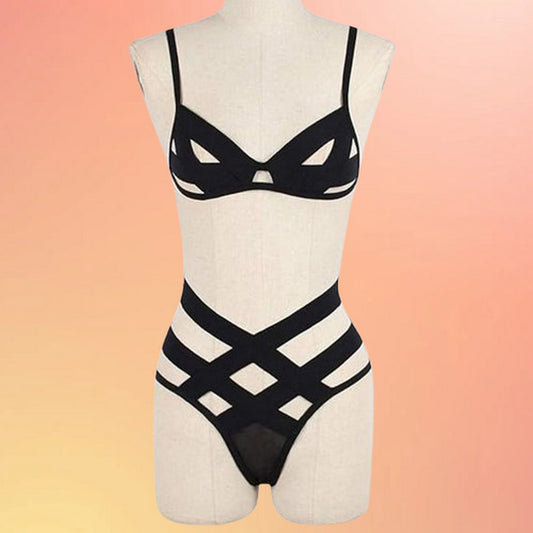 Black lace three-piece lingerie set with strappy bra and high-waist briefs
