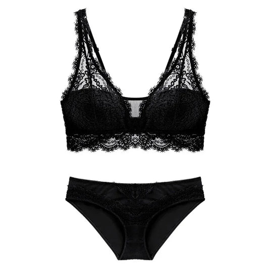 Laceless lace bra and matching briefs set, black, front view