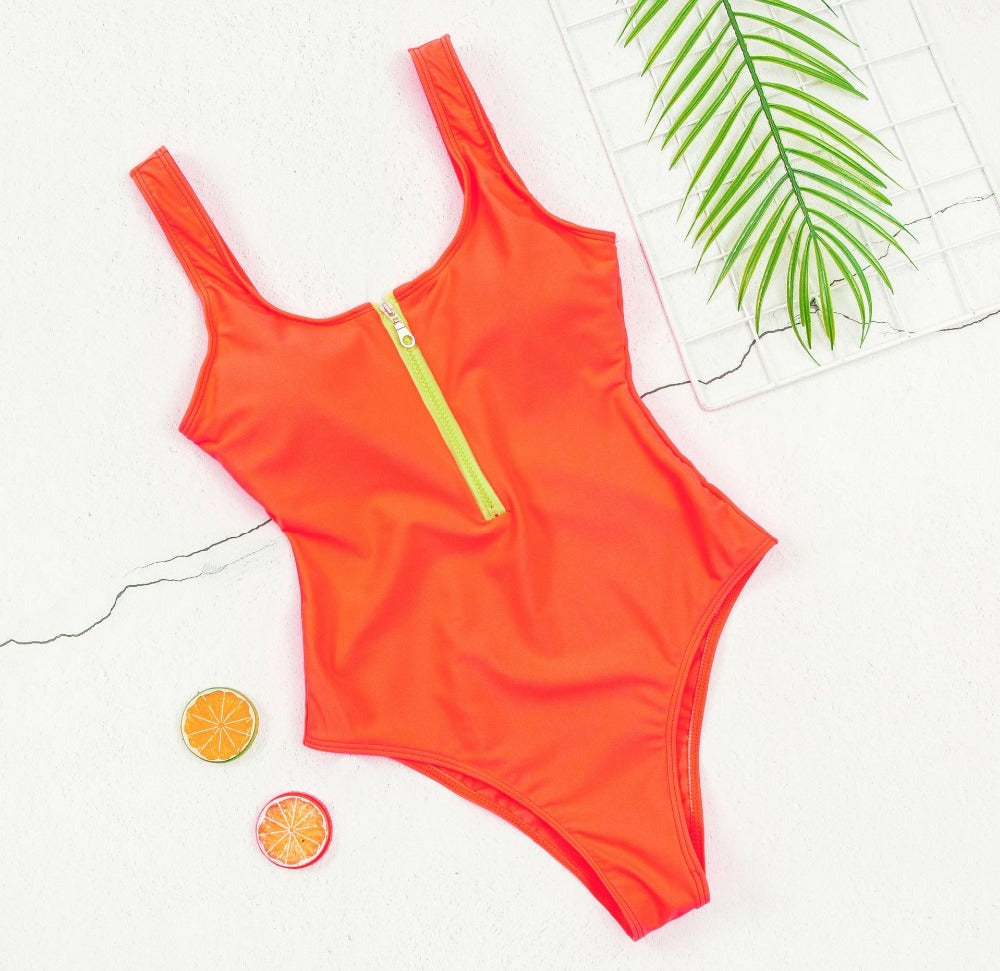 Women’s zip-front one-piece swimsuit, orange, contrast zipper at center front