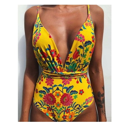 Backless one-piece swimsuit, yellow floral deep V with ruched tie waist