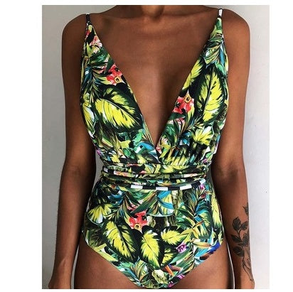 Backless one-piece swimsuit, multicolor tropical floral deep V and ruched waist