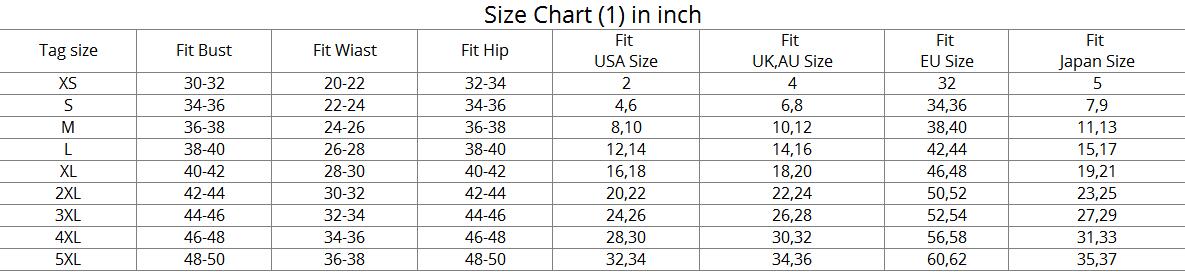 Size chart table showing fit bust, waist, and hip measurements by US and EU sizes
