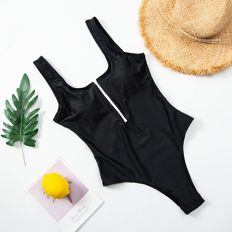 Women’s zip-front one-piece swimsuit, black with white zipper stripe