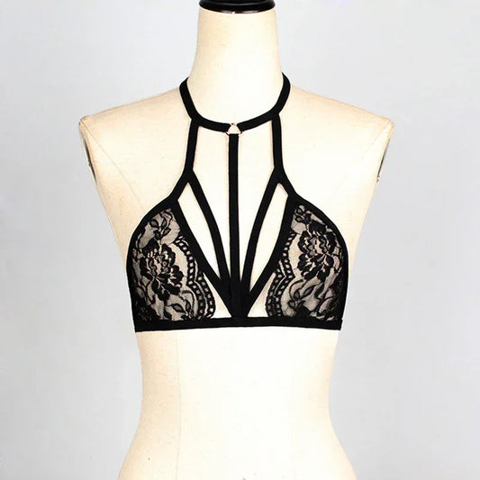 Black lace bra with high neck harness straps on a mannequin torso