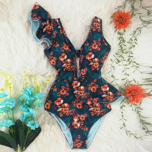 Dunkelblauer Blumen-Print Badeanzug mit Rüschen, V-Ausschnitt und hellblauen Akzenten
