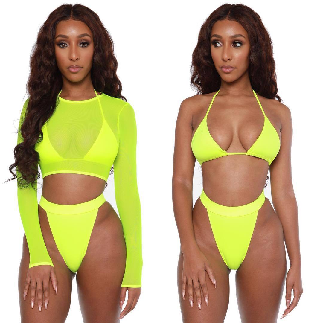 Neon yellow long-sleeve bikini set with triangle top and high-leg bottoms