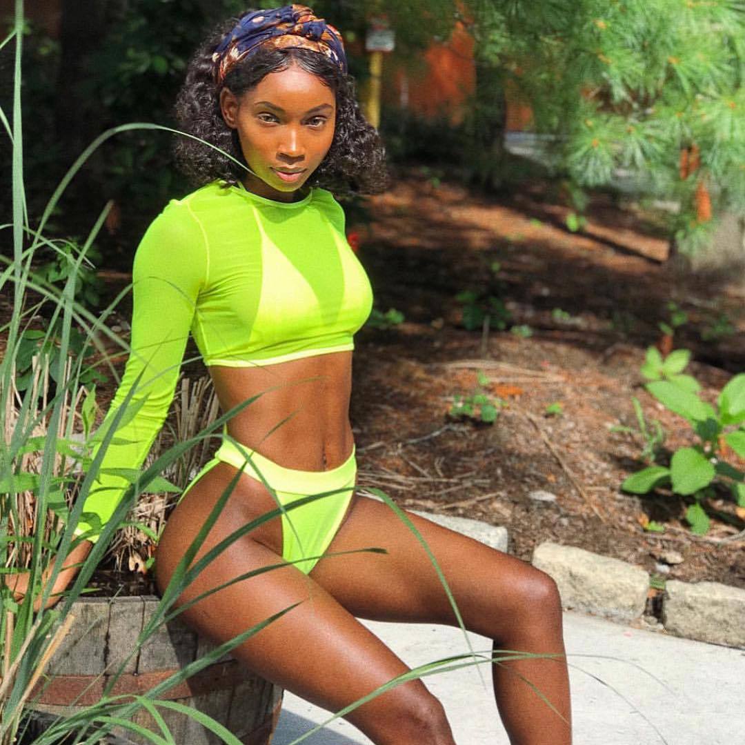 Neon yellow long-sleeve bikini set with cropped top and matching high-cut bottoms