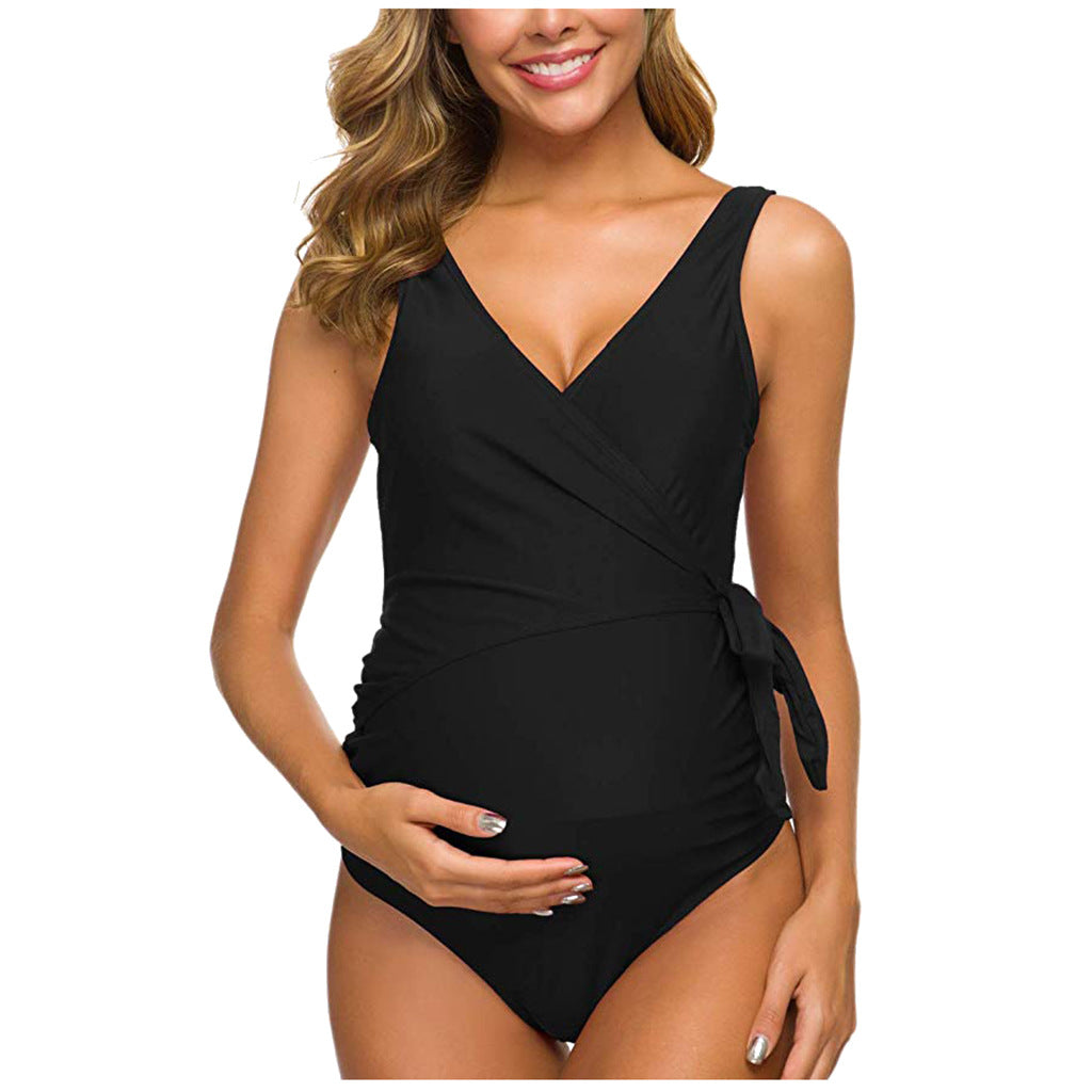 Black maternity one-piece swimsuit with V-neck and wrap-style waist tie