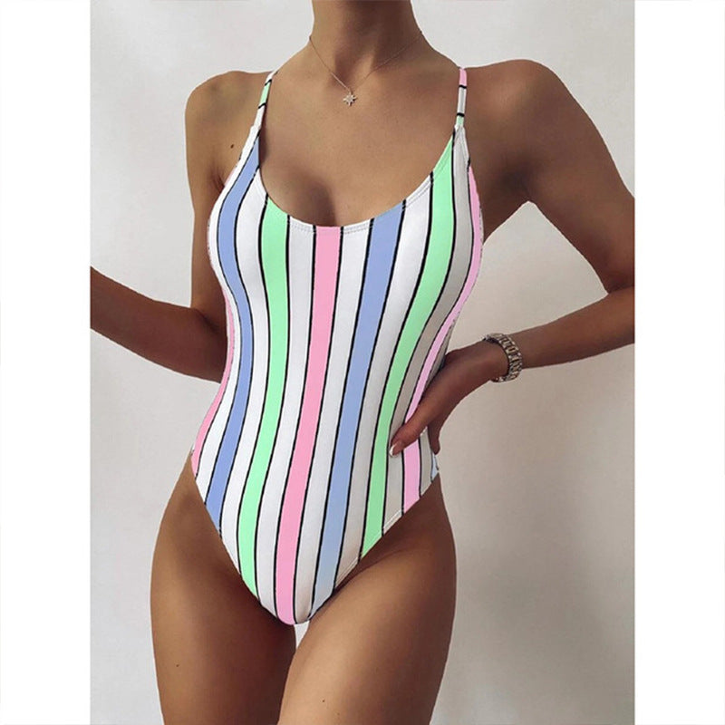Multicolor striped one-piece swimsuit with thin straps and full-coverage legs