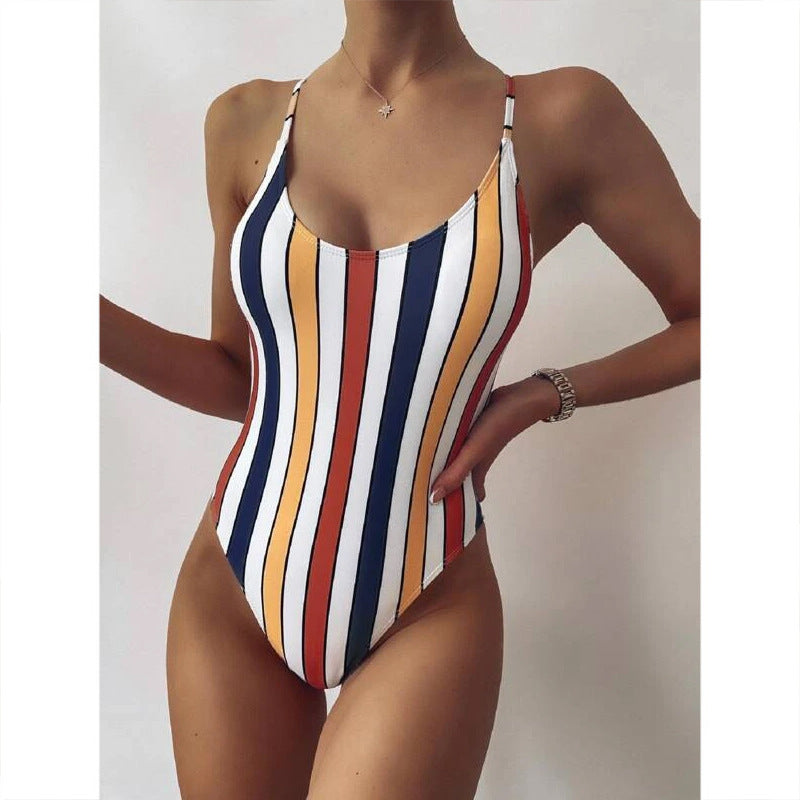 Multicolor striped one-piece swimsuit with thin straps and bright vertical stripes
