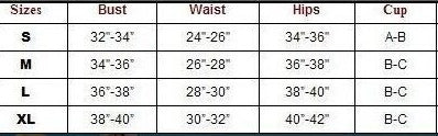 Swimsuit size chart (S–XL): bust, waist, hips, and cup sizes A–C