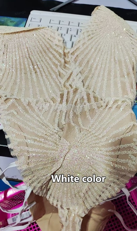 White sequined monokini with V-shaped front and fan-like bead pattern