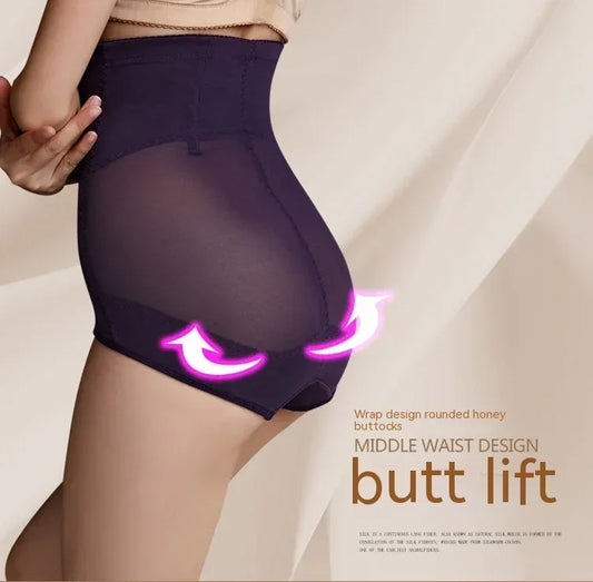 Purple high-waist mesh shaping underwear, smooth briefs with wide waistband.