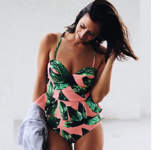 Floral tropical push-up bikini set with pink-and-green leaf print, high-waist bottoms