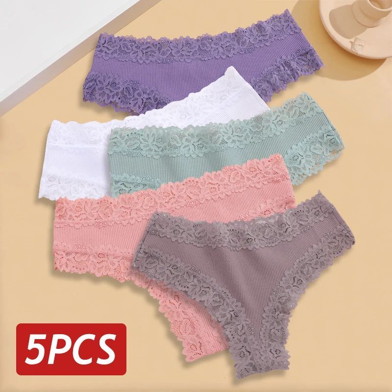 5PCS Set Women Lace Seamless Cotton Panties Sexy Brazilian P