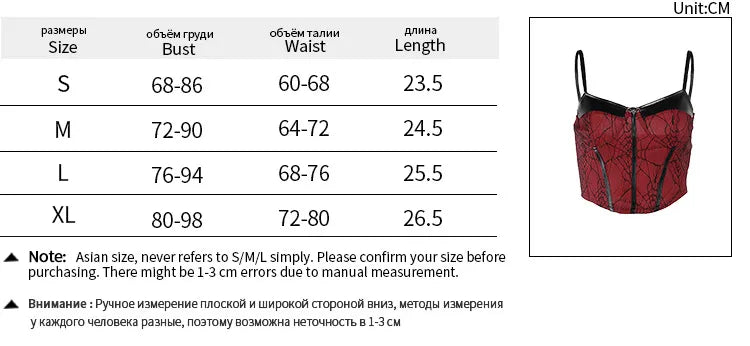Size chart for red corset sling vest showing measurements and length