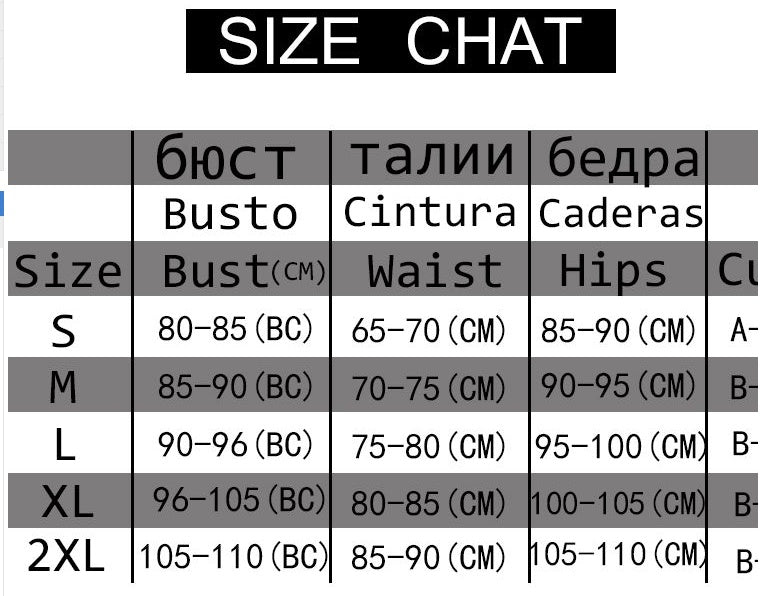 Swimwear size chart with bust, waist and hip measurements for sizes S–2XL