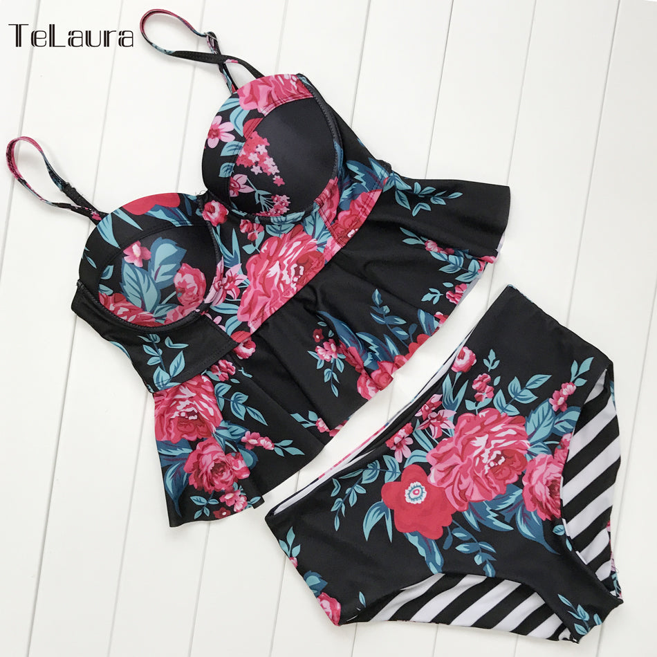 Floral push-up bikini set with black base, pink flowers and blue accents, high-waist bottoms