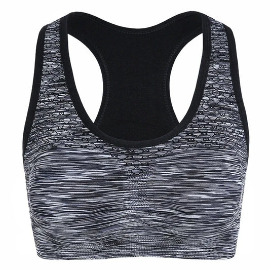 High-stretch sports shapewear bra, black racerback with gray patterned front panel