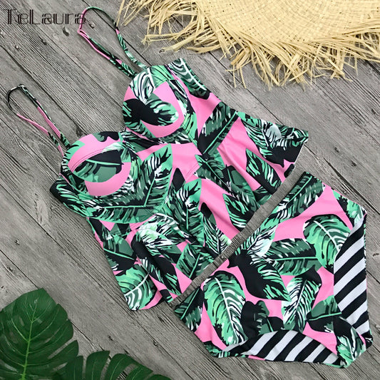 Floral tropical push-up bikini set with pink, green, and black print, high-waist bottoms