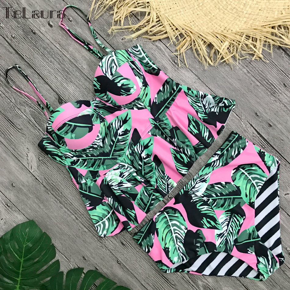 Floral tropical push-up bikini set with neon pink and green leaf print, high-waist bottoms