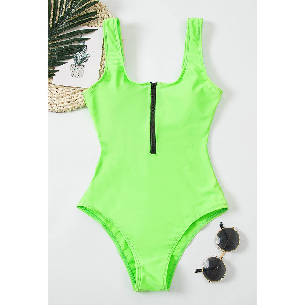 Women’s zip-front one-piece swimsuit, neon green, front zipper detail