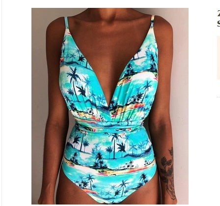 Backless monokini swimsuit with palm tree print in turquoise, teal and tan bands