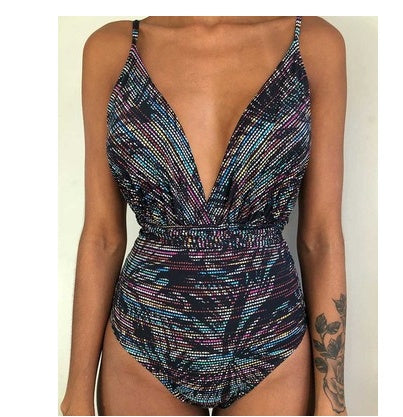Backless one-piece monokini with iridescent multicolor shimmer print and deep V-neck