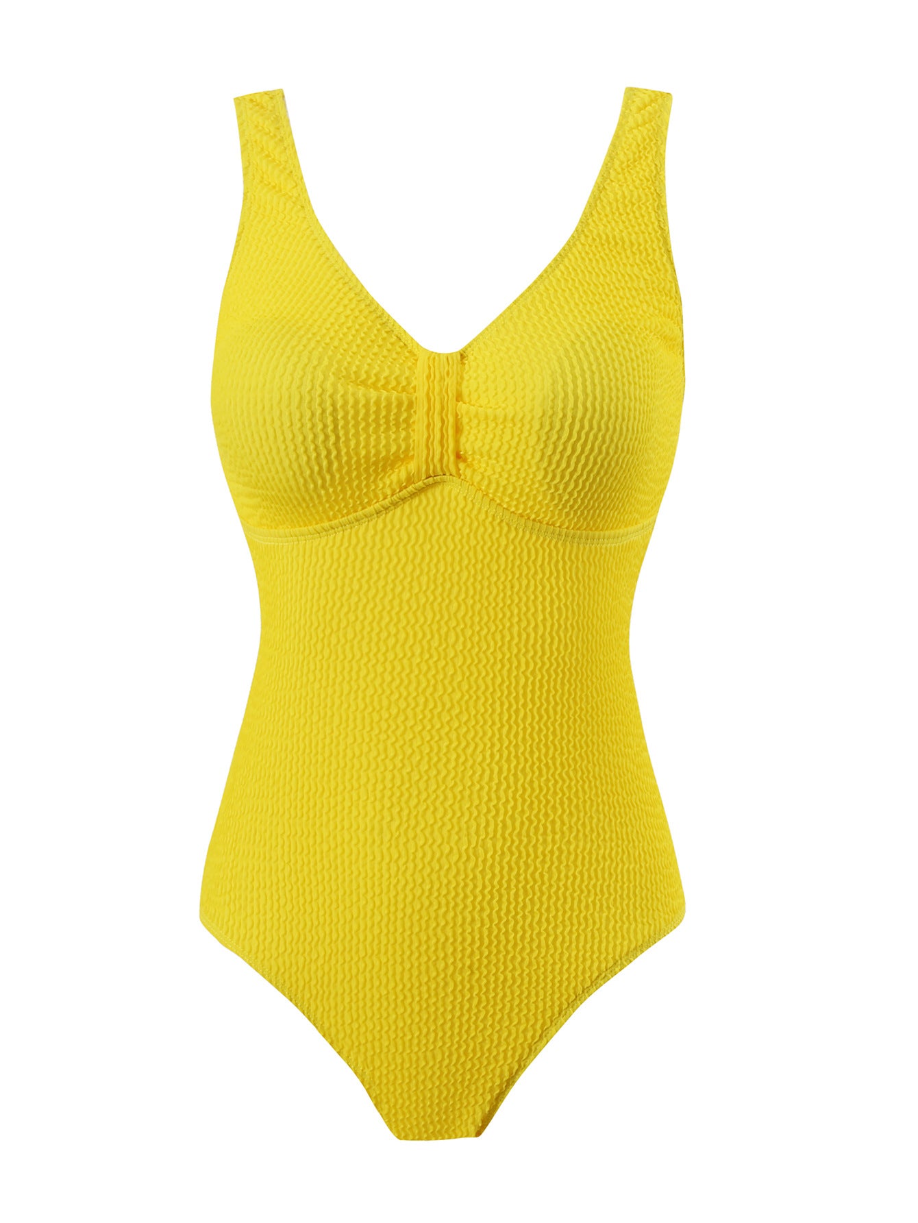 Einteiliger Badeanzug mit Bauchkontrolle, gelbe Farbe, V-Ausschnitt, gepolsterte Cup-Optik