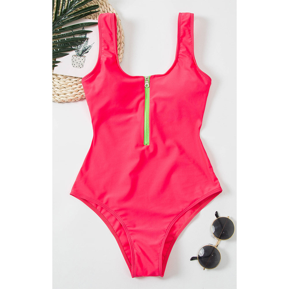 Women’s zip-front one-piece swimsuit, pink, front zipper with green contrast trim