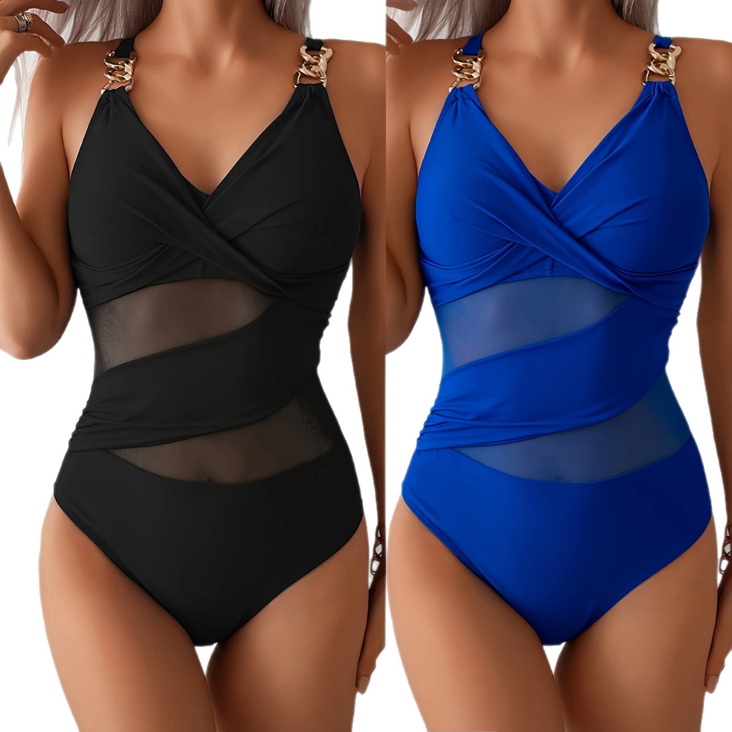 Hollow-out one-piece bikini swimsuit, black and blue front view with V-neck mesh