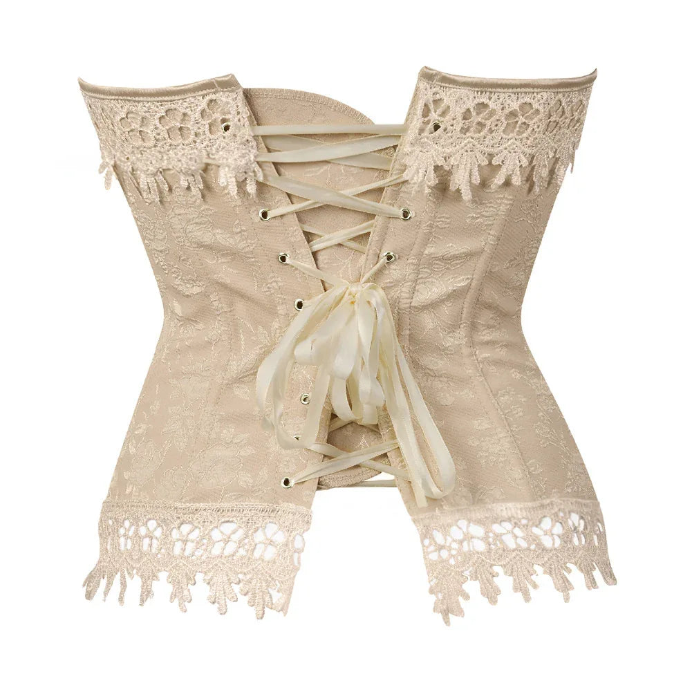 Khaki overbust corset with front lacing ribbon and lace hem fringe