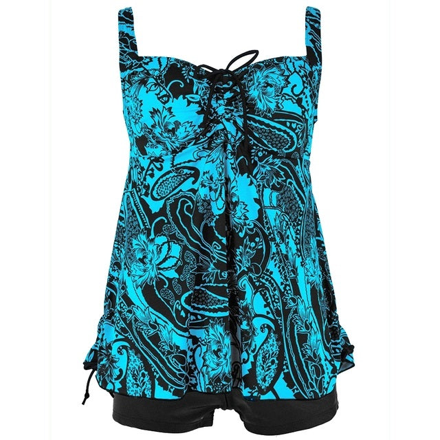Plus size two-piece swim set in bright blue paisley print, halter-style straps and tie-front bodice
