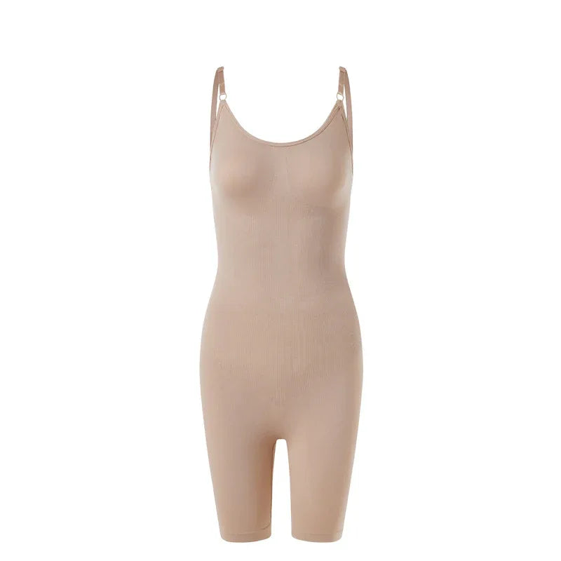 Beige seamless shapewear jumpsuit with spaghetti straps, front view
