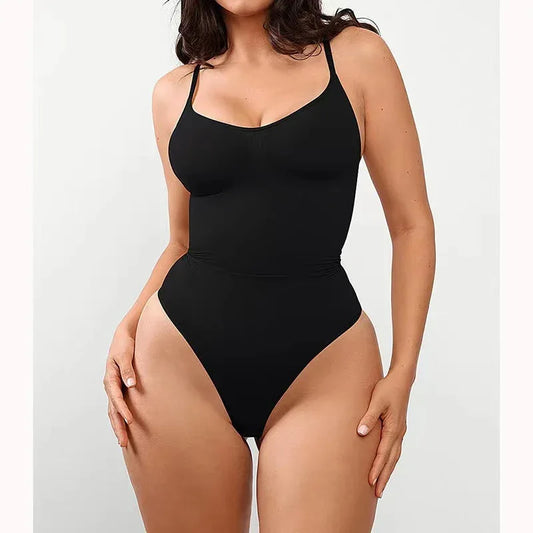 Seamless shapewear bodysuit with low back, black color, smooth front and leg openings
