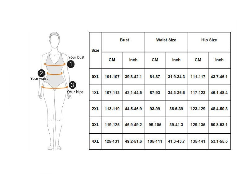 Swimwear size chart with bust, waist size, and hip size measurements by size