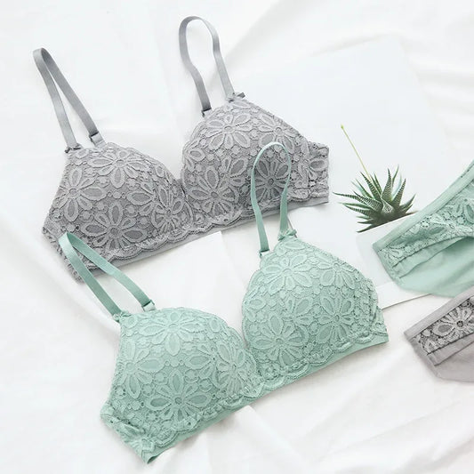 Mint and gray lace 3/4 cup bras with matching briefs, multi-color set