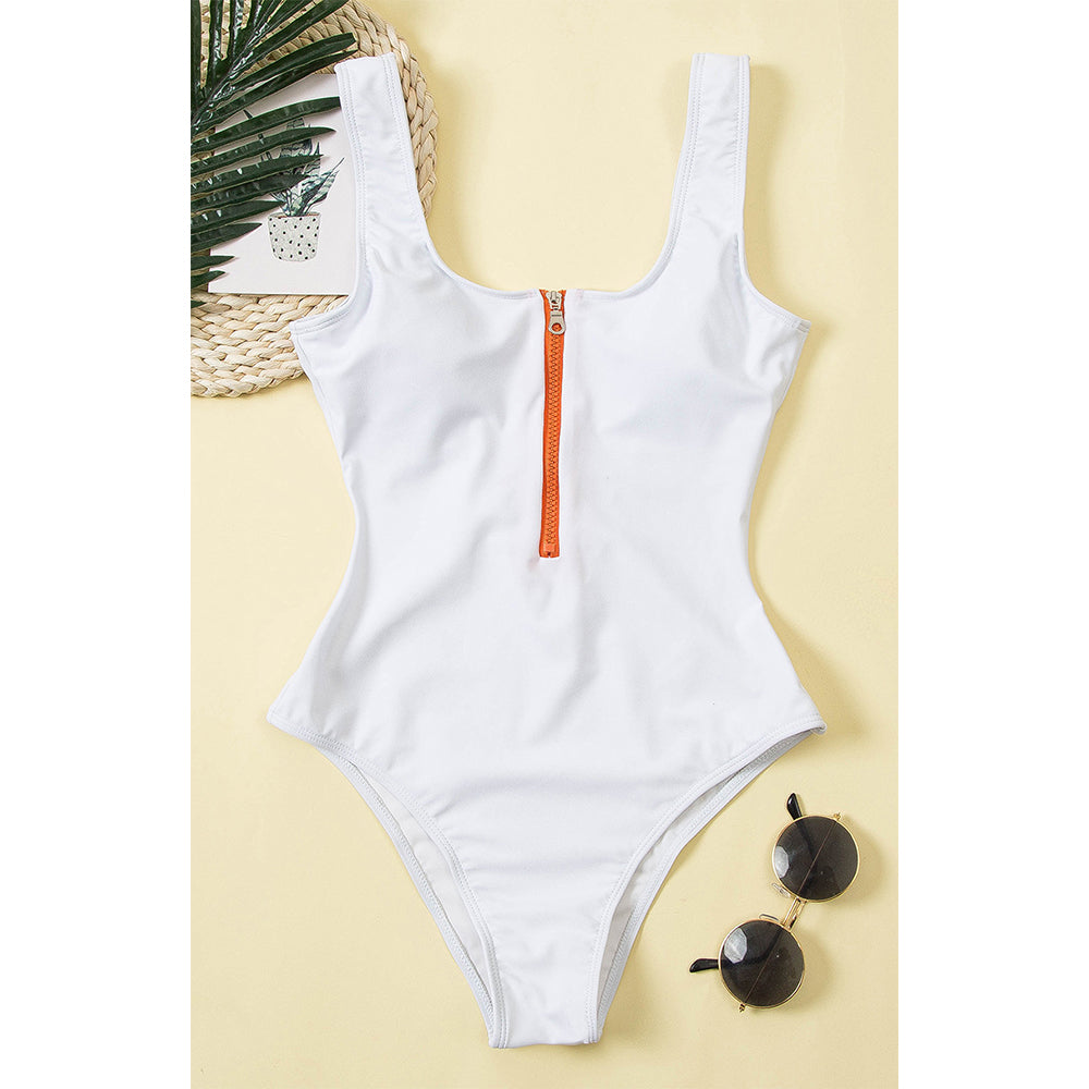 Women’s zip-front one-piece swimsuit, white, scoop neck with orange front zipper