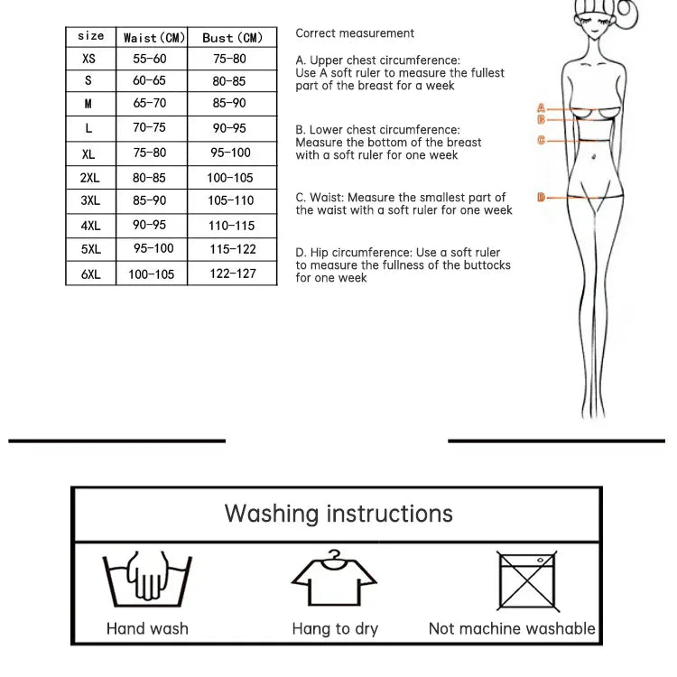Size chart and washing instructions for women’s corset