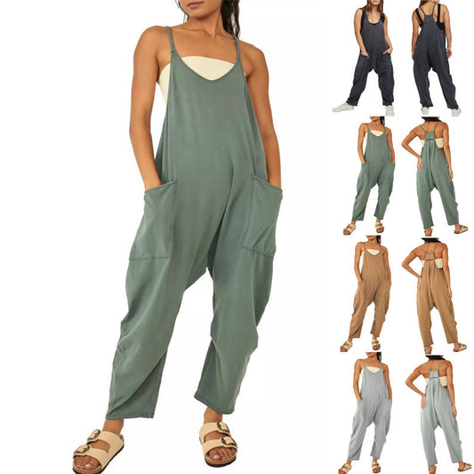 Summer Women's Loose Sleeveless Jumpsuits Spaghetti Strap Long Pant Romper Jumpsuit With Pockets Zip