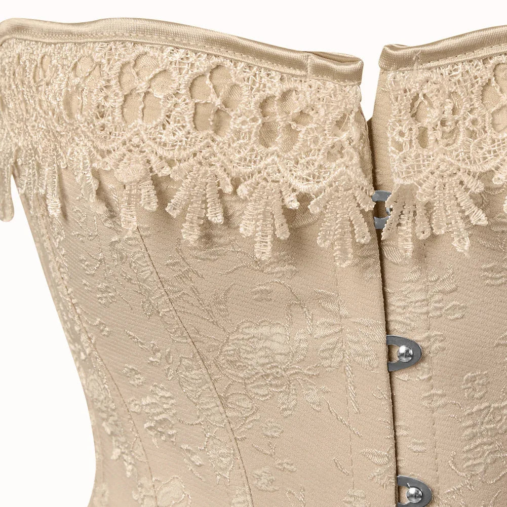 Khaki lace overbust corset close-up of side panel and silver buttons