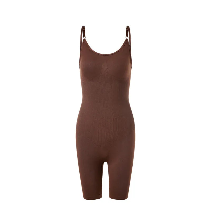 Brown seamless shapewear jumpsuit with spaghetti straps, front view