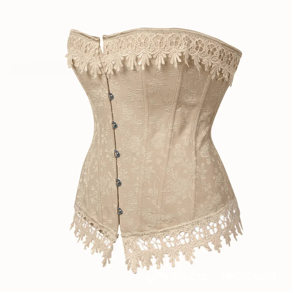 Khaki corset back view with lace shoulders and vertical button panel