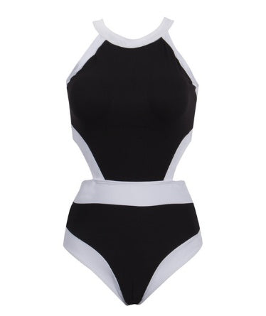 Black one-piece swimsuit with white contrast panels and high halter neckline