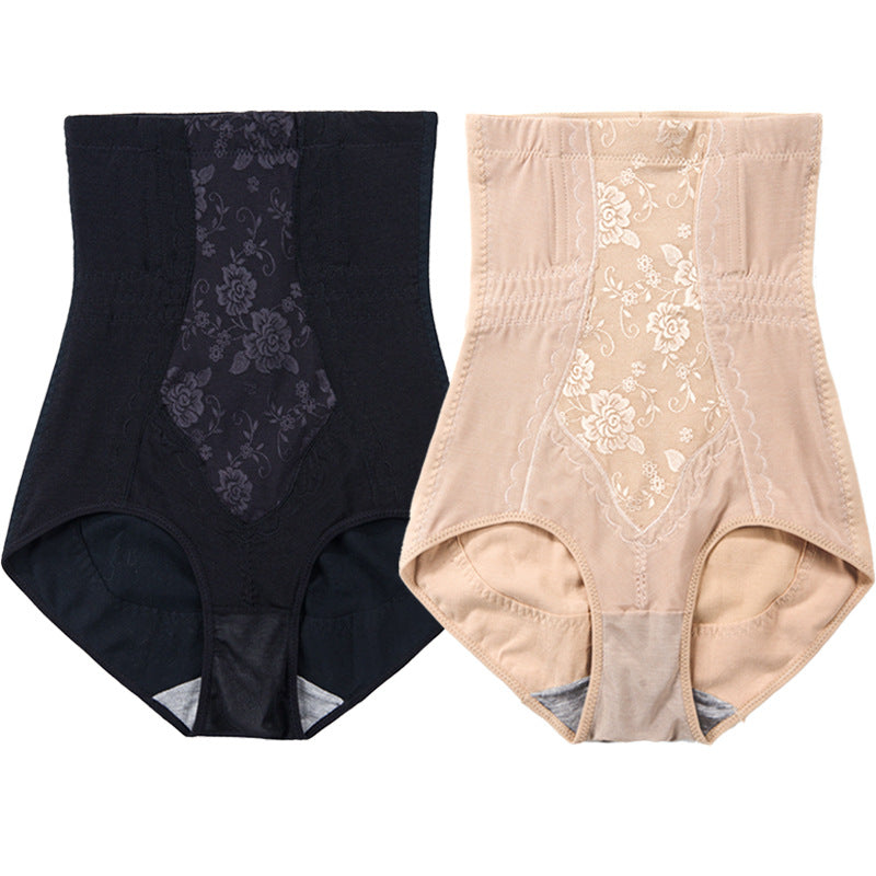 Set of two high-waisted shaping briefs: black and apricot with floral lace panels